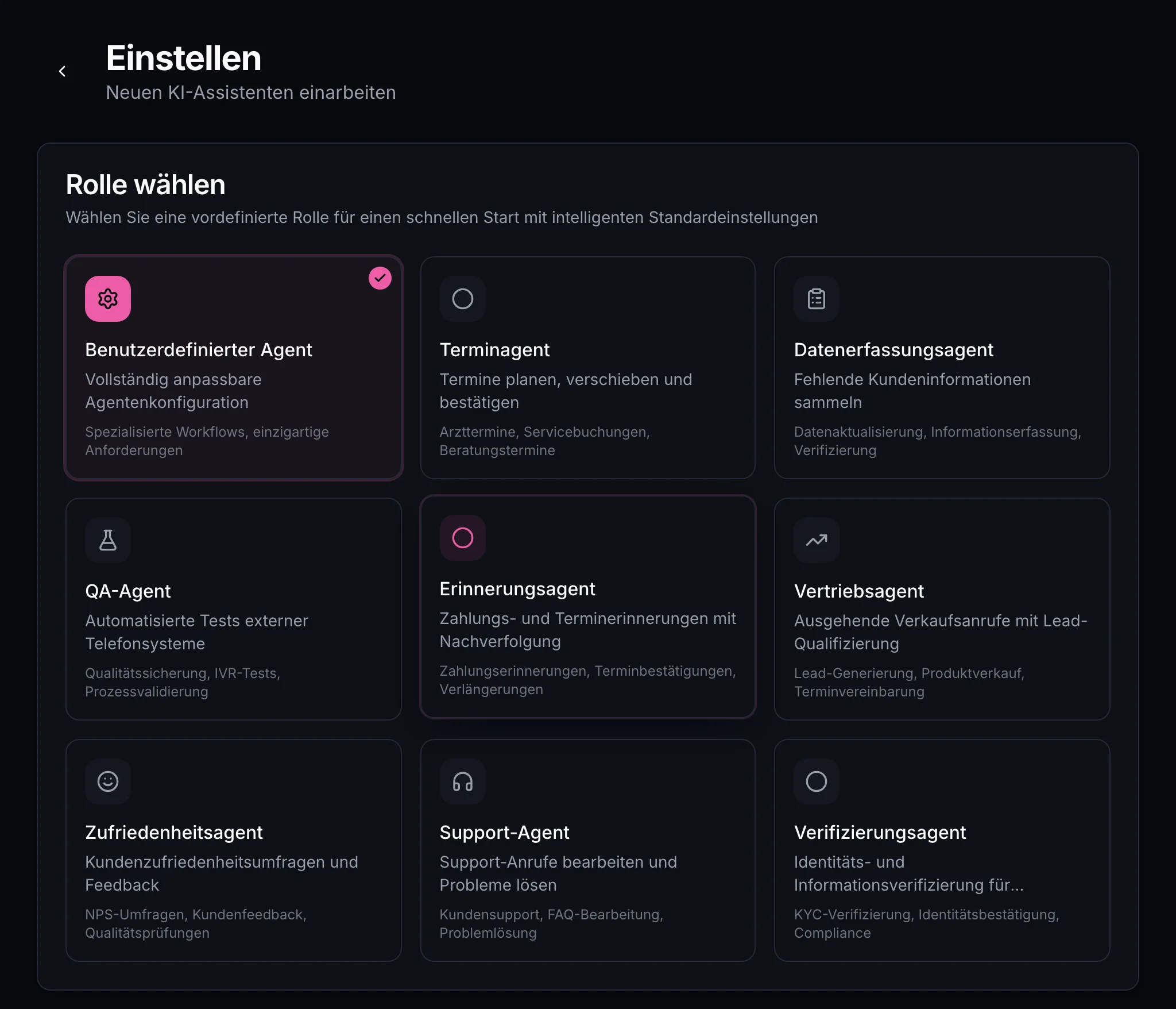 Role selection grid showing specialized AI agent types