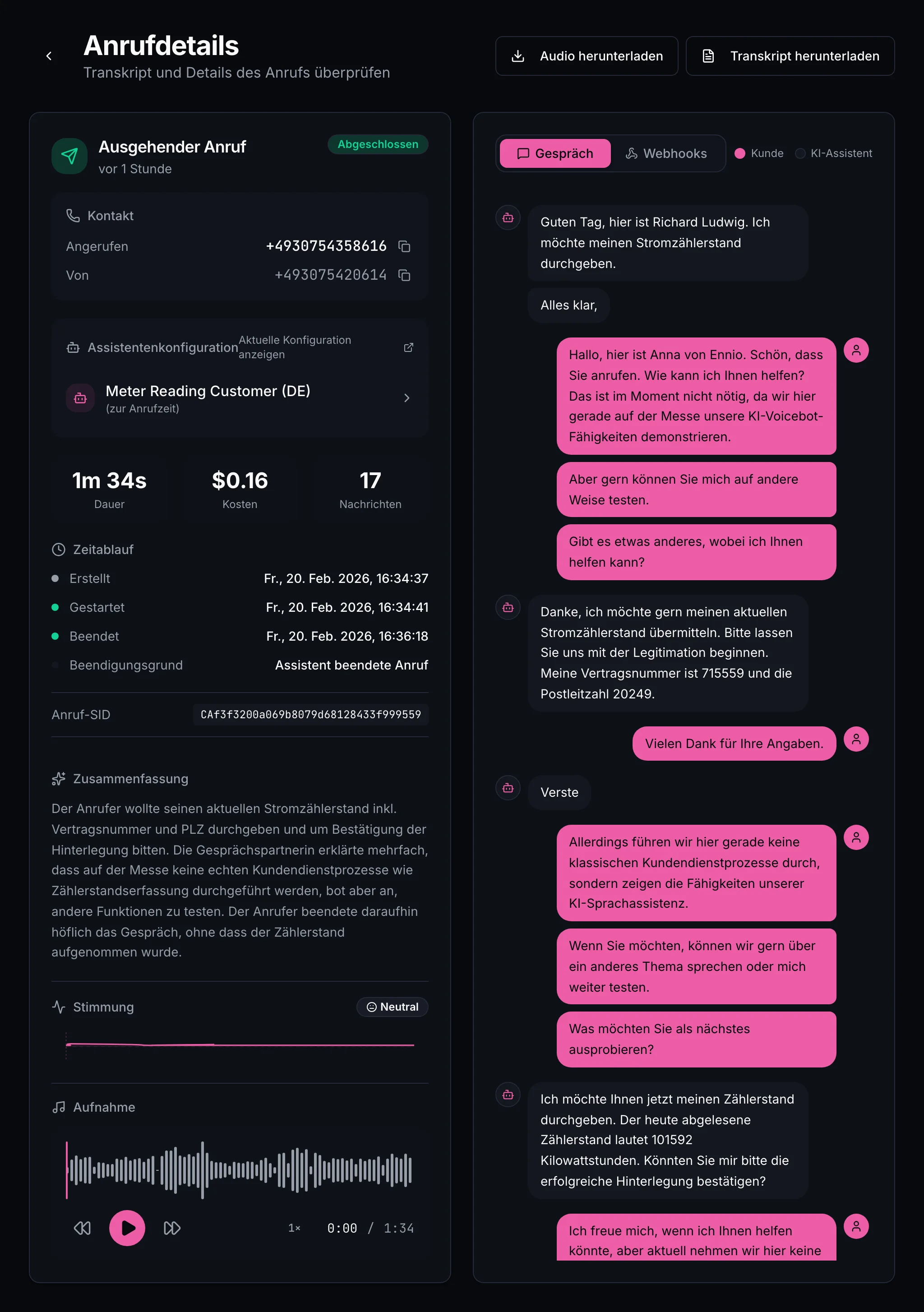 Call detail view with full transcript and sentiment analysis