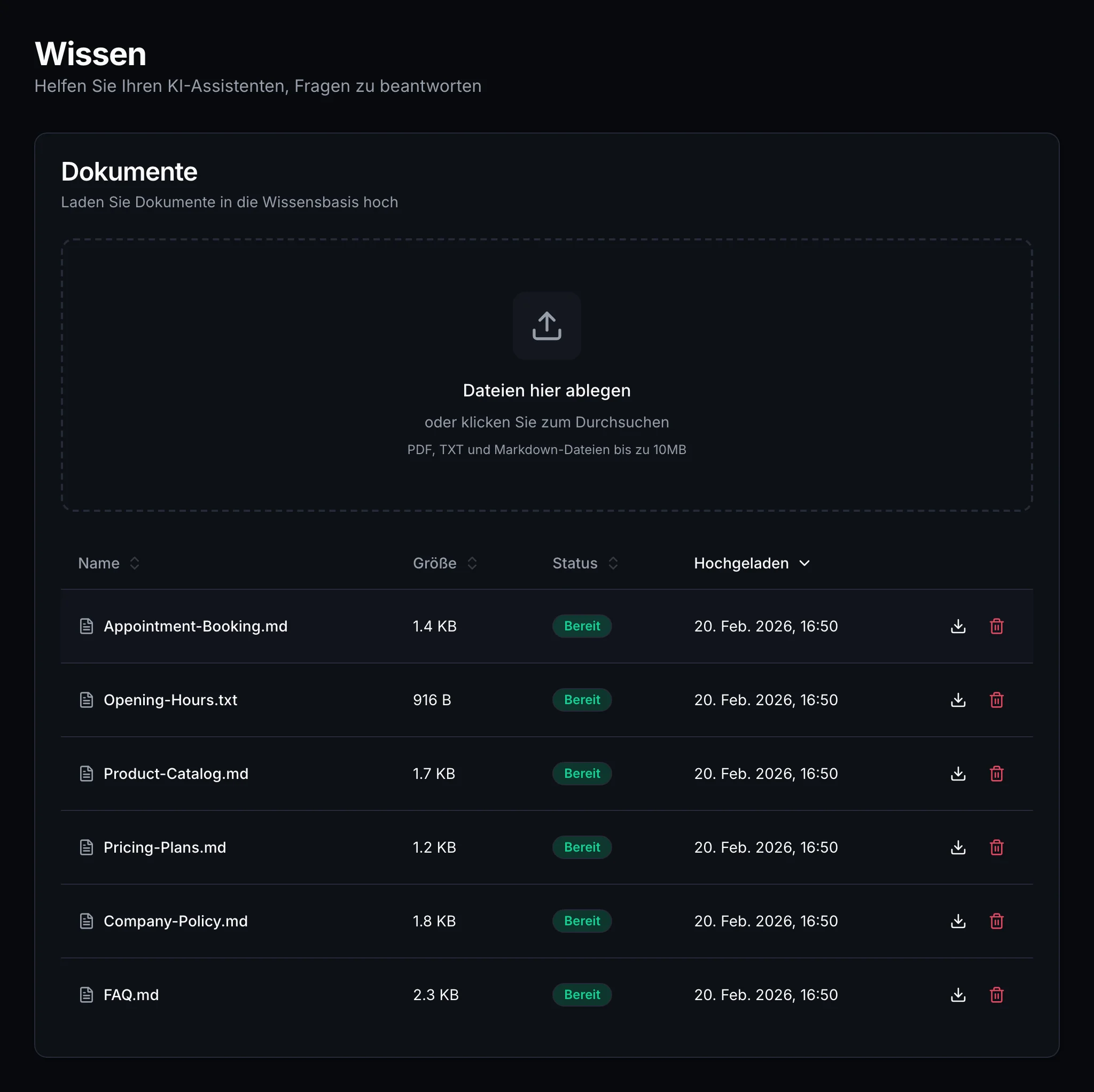 Knowledge base document upload and management interface